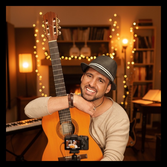 Alessandro Galas mit Gitarre bei einem persönlichen Video-Gruß