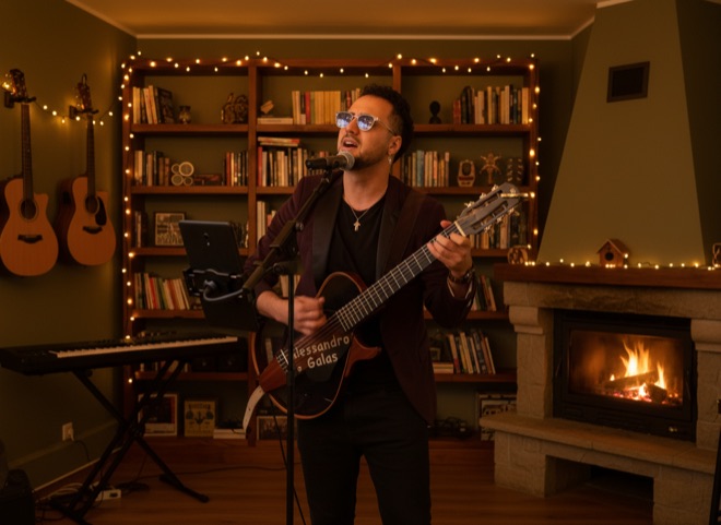 Alessandro Galas spielt eine Song-Widmung am Kamin