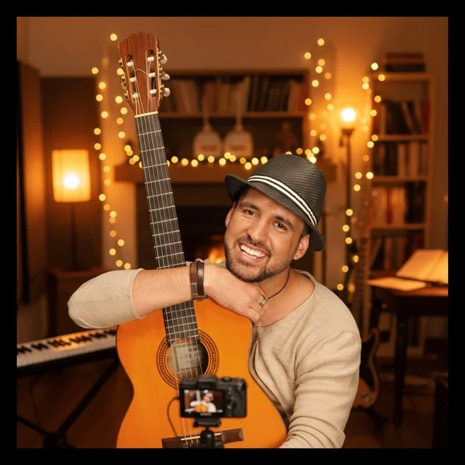 Alessandro Galas mit Gitarre bei einem persönlichen Video-Gruß